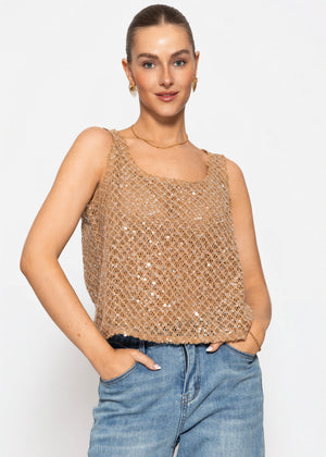 Netz-Top mit Pailletten - beige