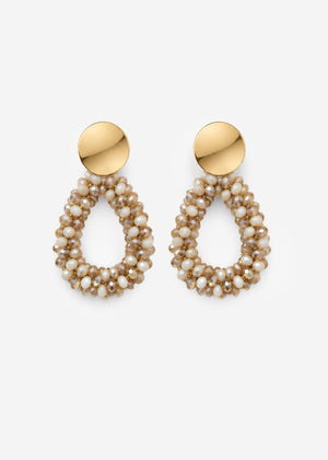 Ohrstecker Tropfenform mit Glasperlen - beige-weiß-gold