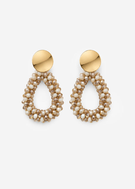 Ohrstecker Tropfenform mit Glasperlen - beige-weiß-gold von SASSYCLASSY