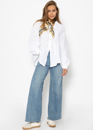 Oversize Bluse, kurz, mit Leinenstruktur, weiß