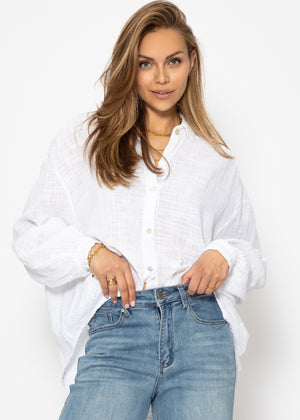 Oversize Bluse, kurz, mit Leinenstruktur, weiß