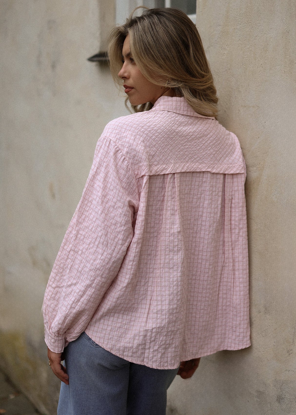 Oversize Bluse mit Karomuster - rosa