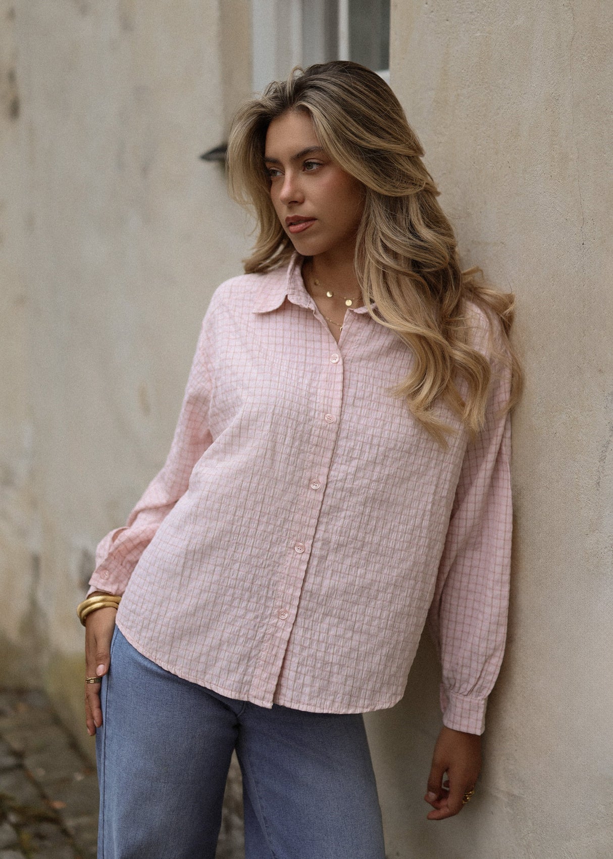 Oversize Bluse mit Karomuster - rosa