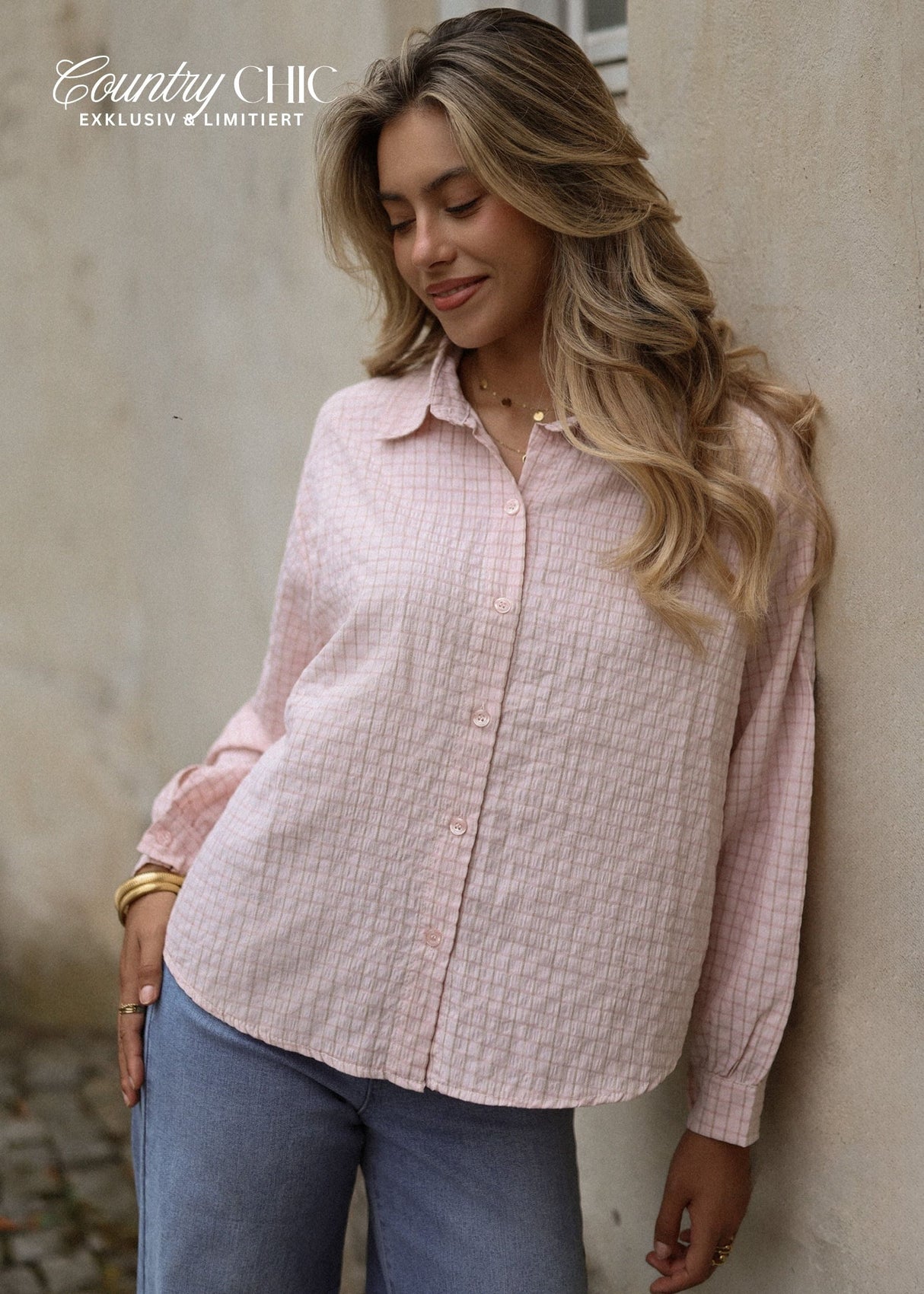 Oversize Bluse mit Karomuster - rosa
