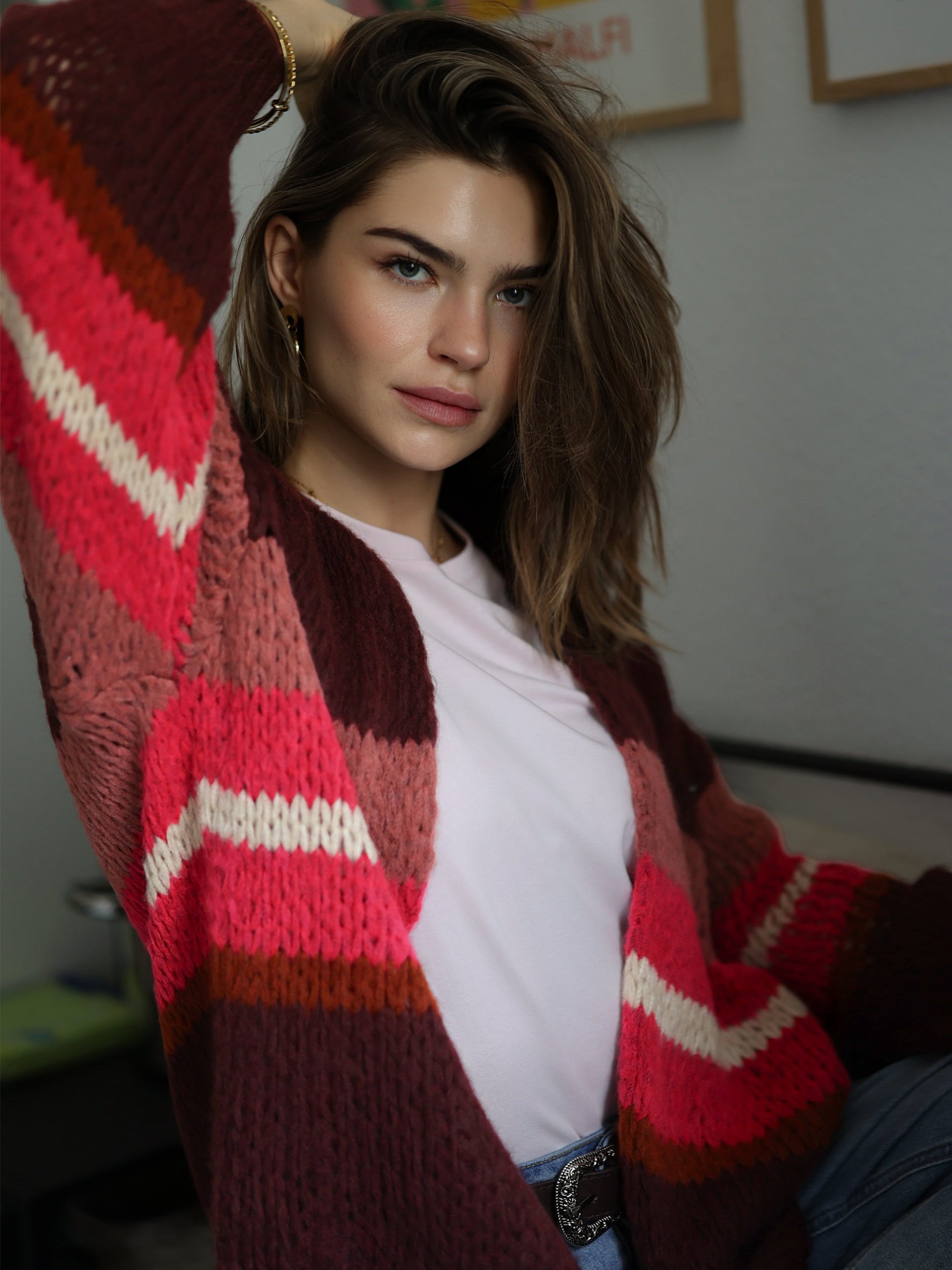 Oversize Cardigan mit Multicolor Streifen - burgundy