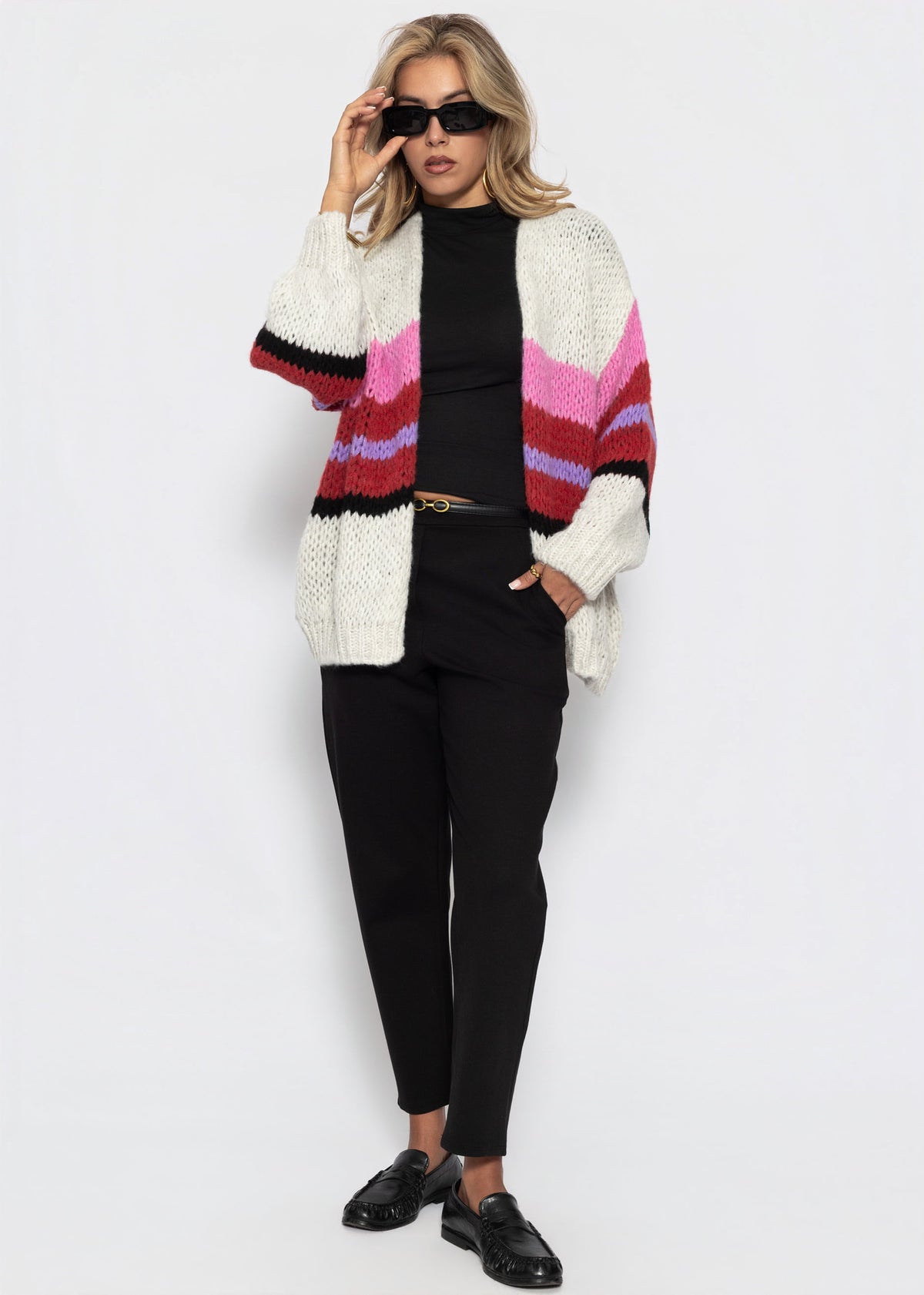 Oversize Cardigan mit Multicolor Streifen - hellgrau