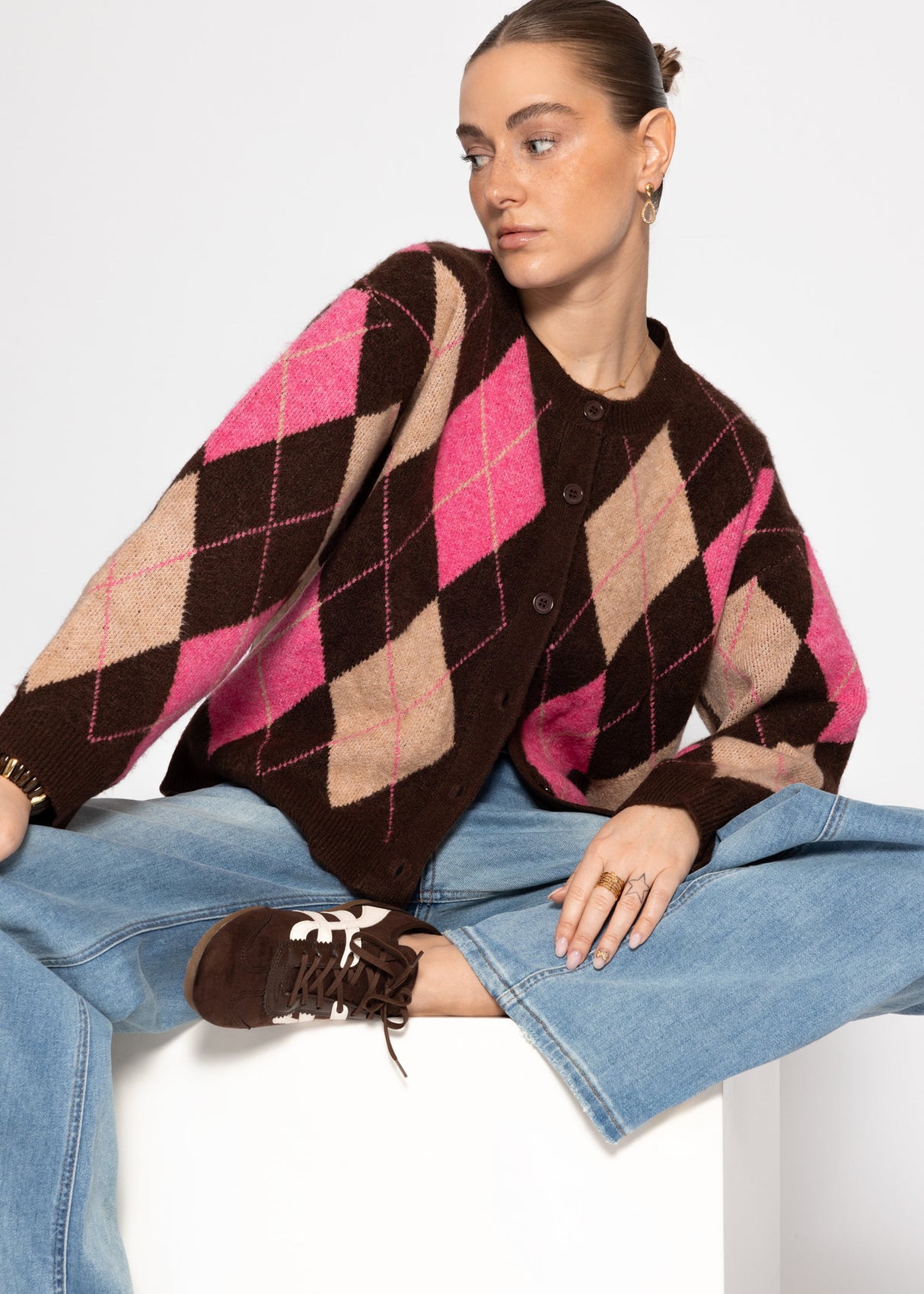 Oversize Cardigan mit Rautenmuster - braun-pink