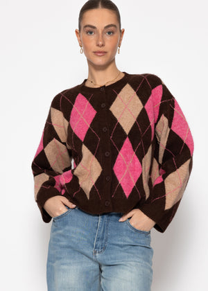 Oversize Cardigan mit Rautenmuster - braun-pink