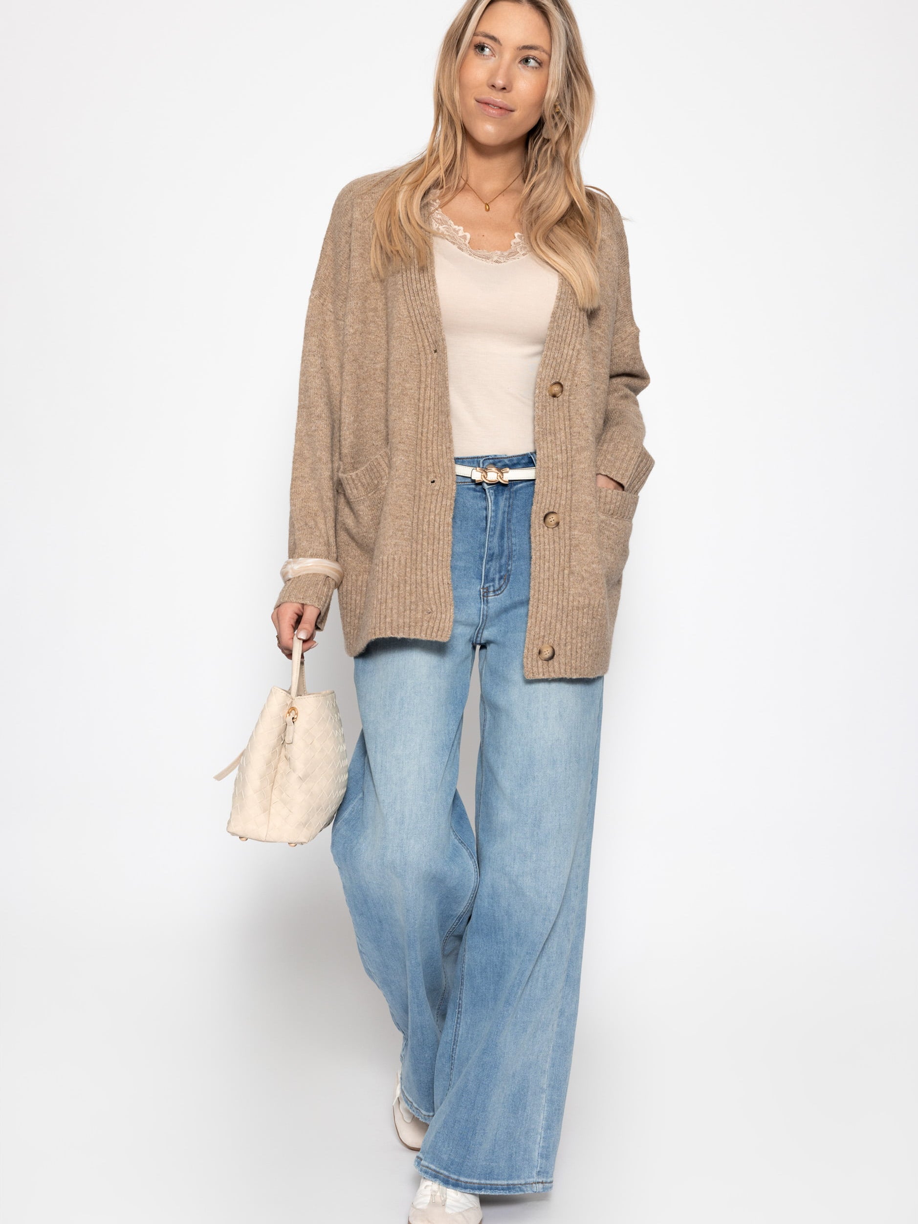 Oversized cardigan with pockets - taupe