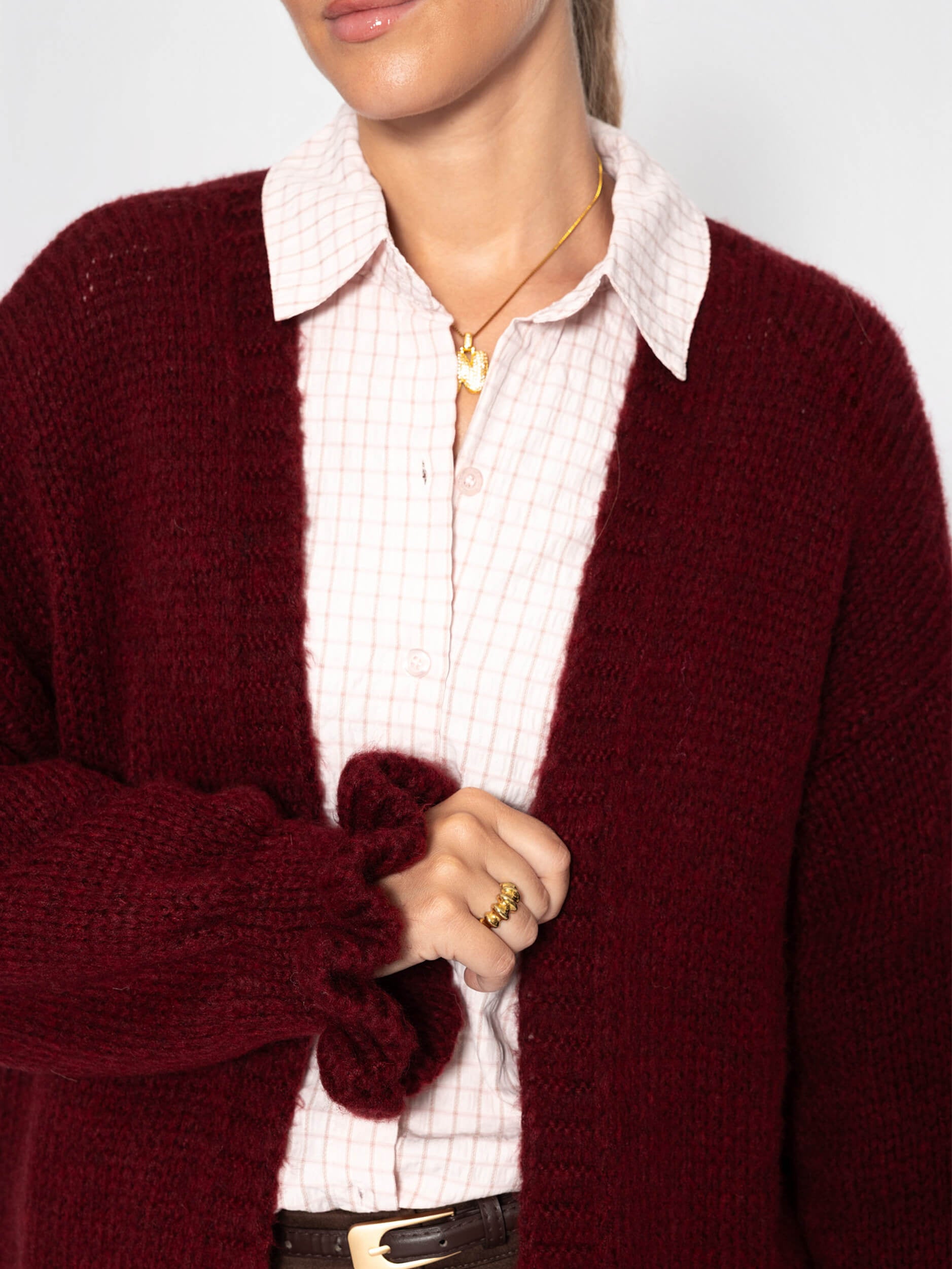 Oversized cardigan with flounce sleeves - burgundy