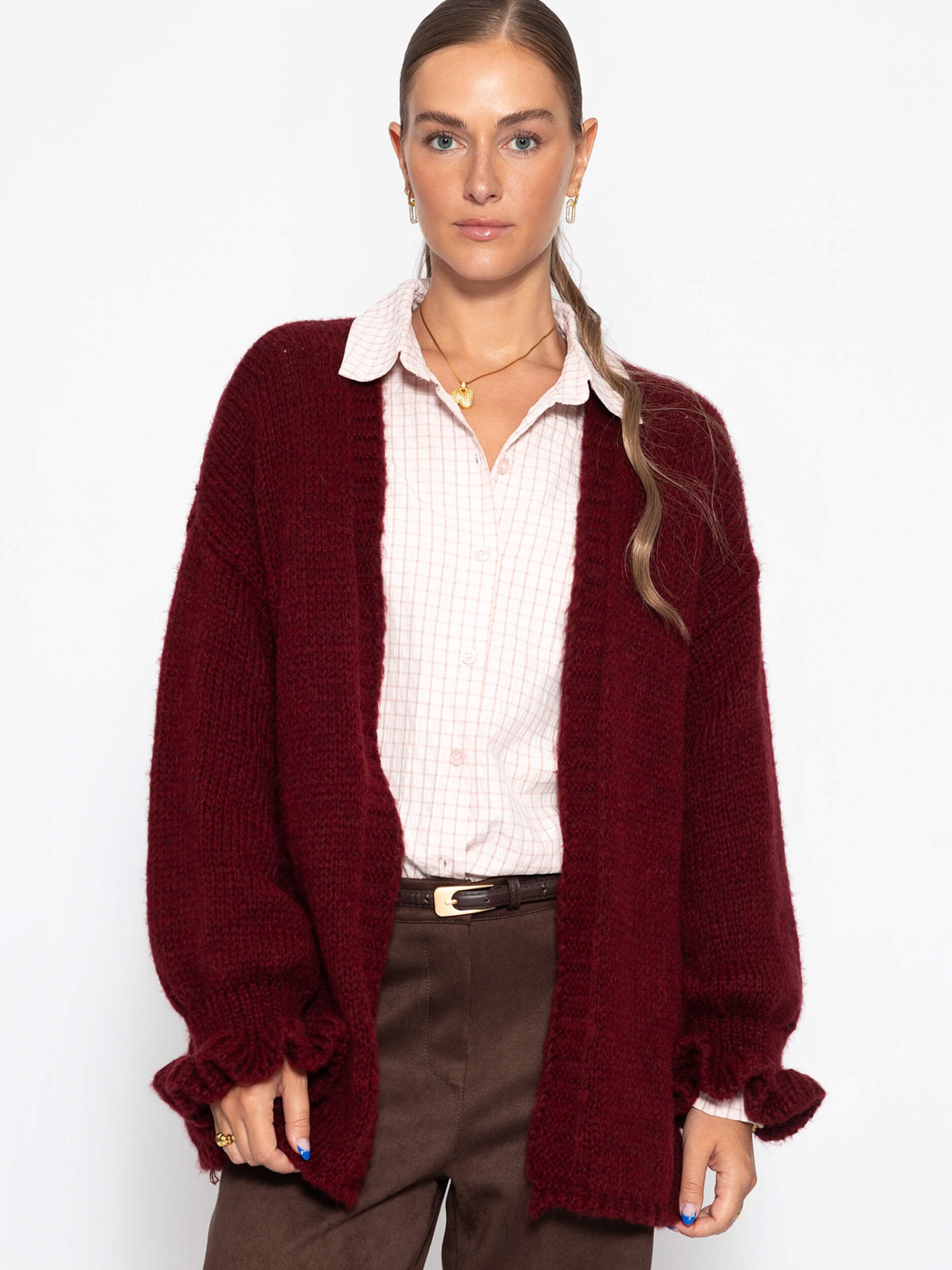 Oversized cardigan with flounce sleeves - burgundy