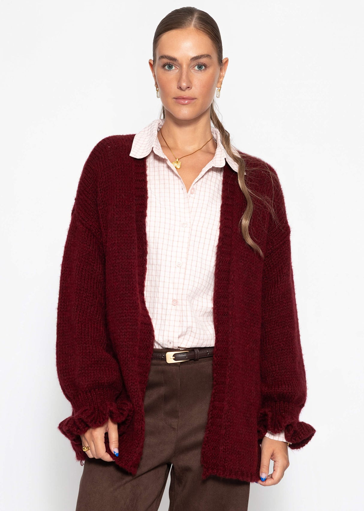 Oversize Cardigan mit Volantärmeln - burgundy