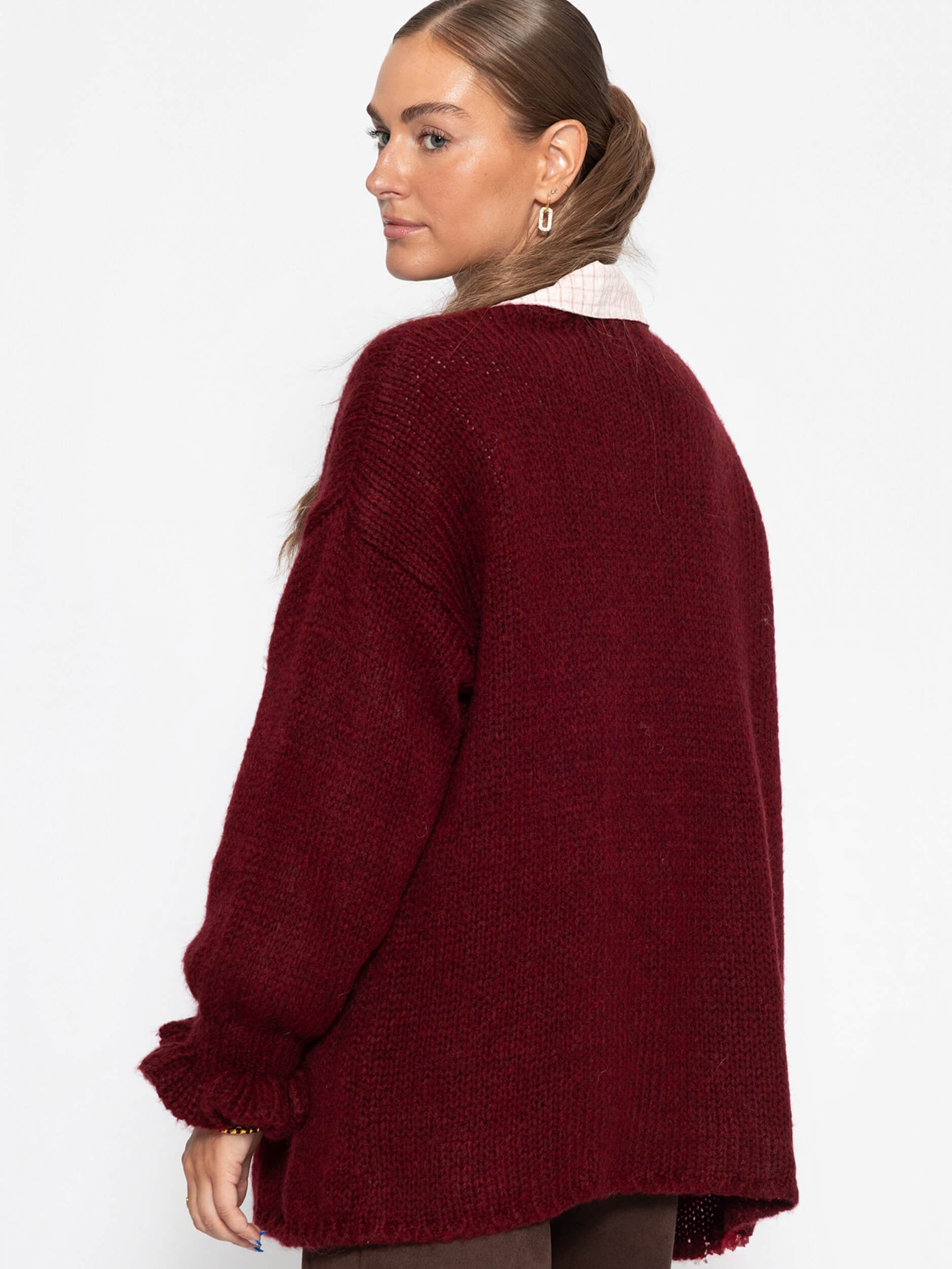 Oversized cardigan with flounce sleeves - burgundy
