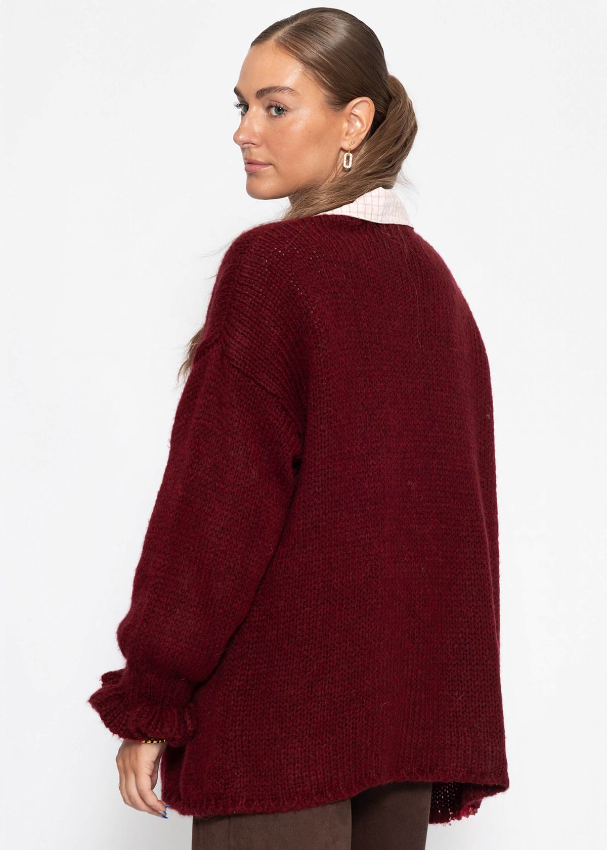 Oversize Cardigan mit Volantärmeln - burgundy