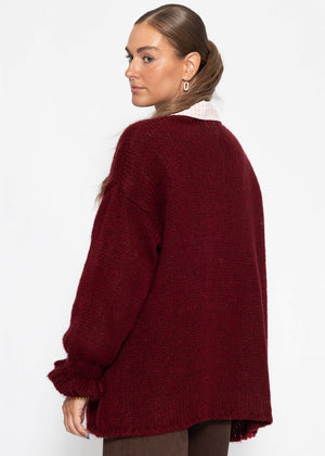 Oversize Cardigan mit Volantärmeln - burgundy