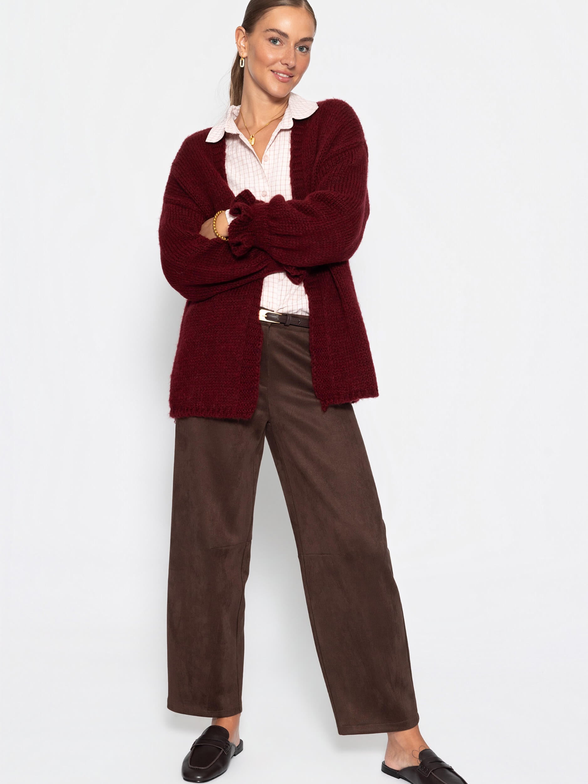 Oversized cardigan with flounce sleeves - burgundy