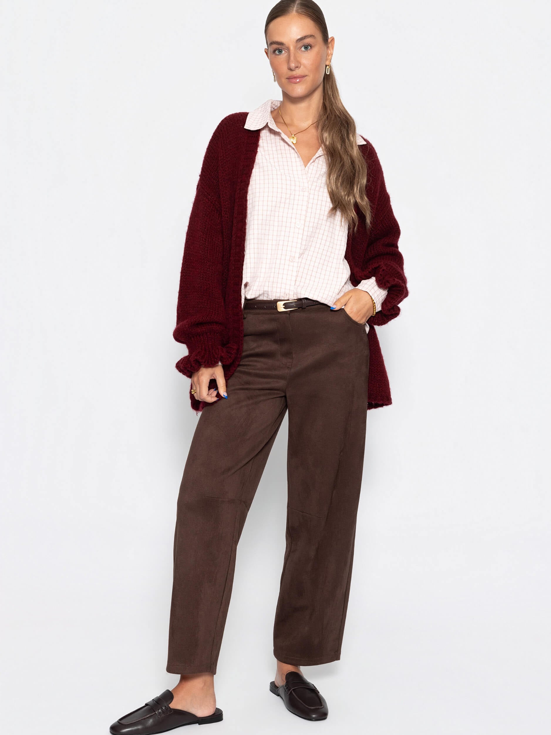 Oversized cardigan with flounce sleeves - burgundy