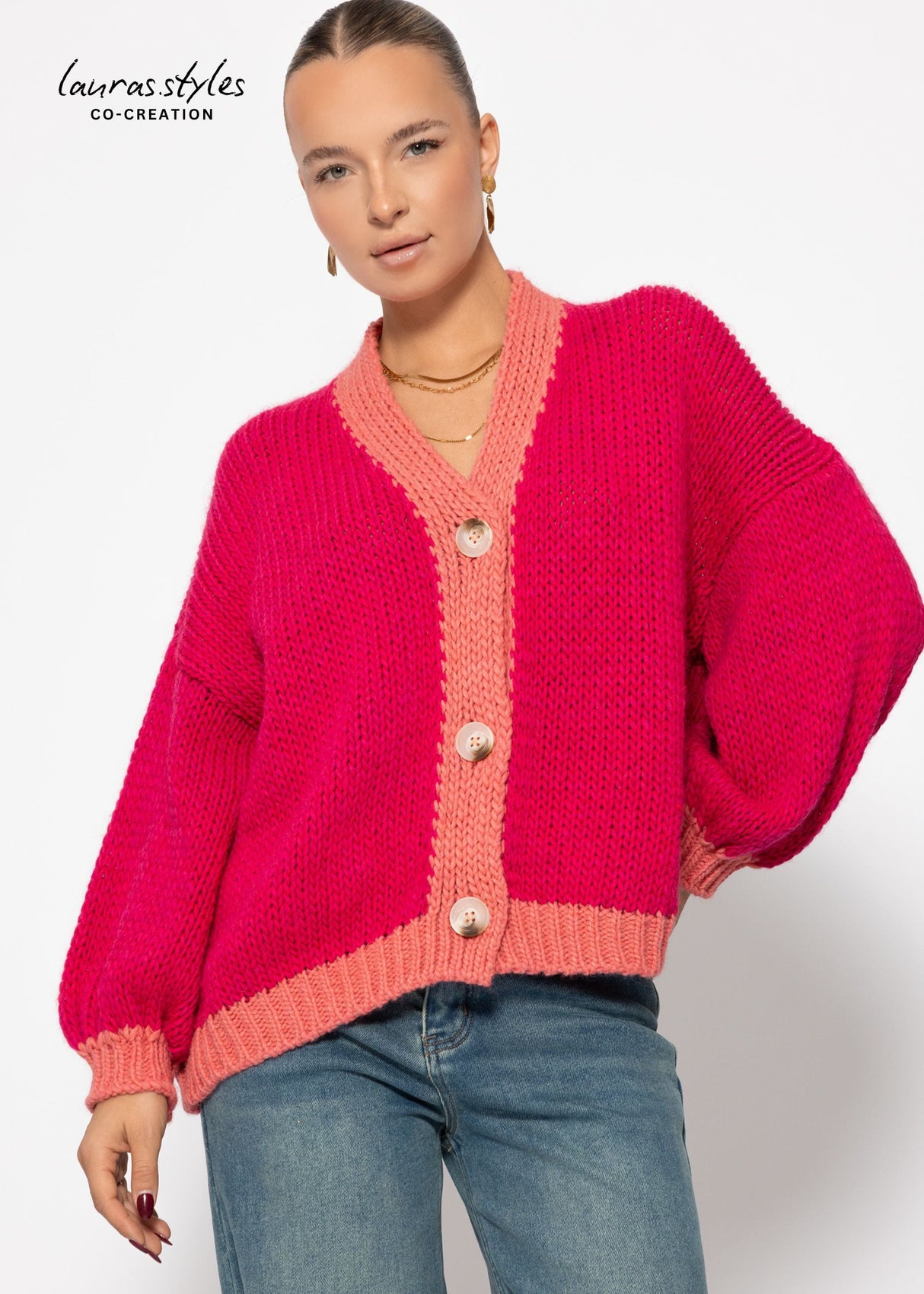 Oversize Cardigan mit Kontrastdetails - pink