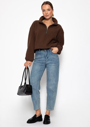 Oversize Fleece Sweatshirt mit Reißverschluss - braun