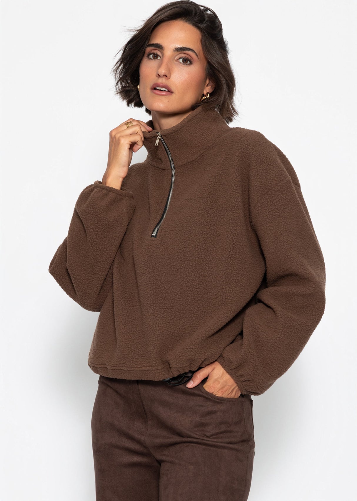 Oversize Fleece Sweatshirt mit Reißverschluss - braun