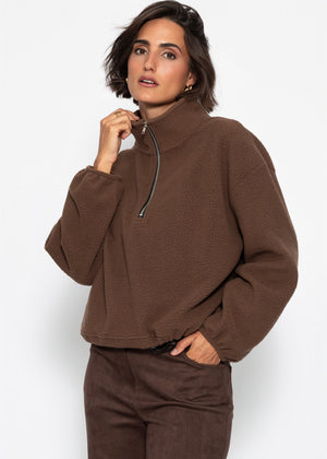 Oversize Fleece Sweatshirt mit Reißverschluss - braun