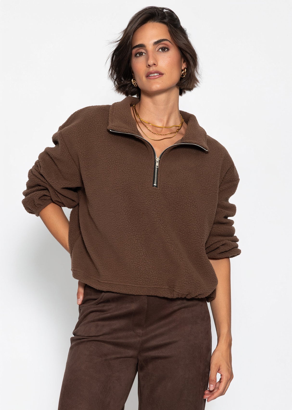 Oversize Fleece Sweatshirt mit Reißverschluss - braun