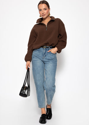 Oversize Fleece Sweatshirt mit Reißverschluss - braun