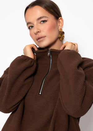 Oversize Fleece Sweatshirt mit Reißverschluss - braun