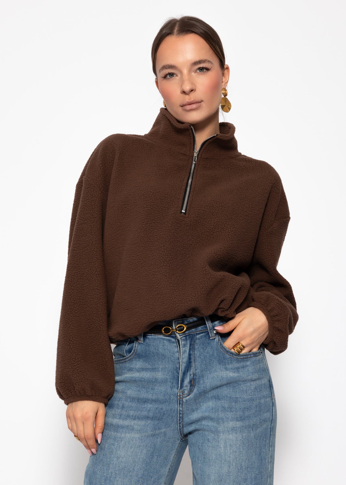 Oversize Fleece Sweatshirt mit Reißverschluss - braun