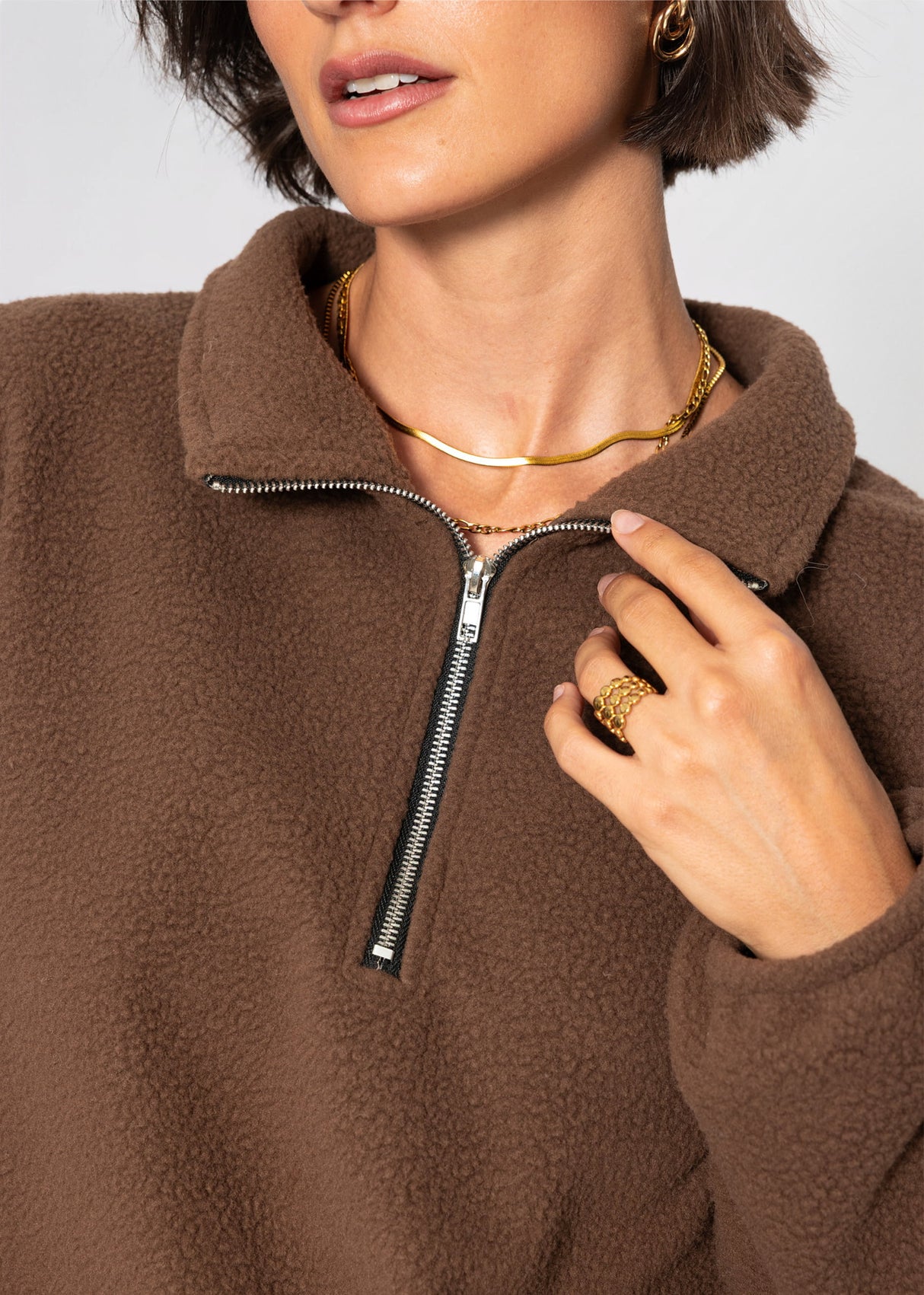Oversize Fleece Sweatshirt mit Reißverschluss - braun
