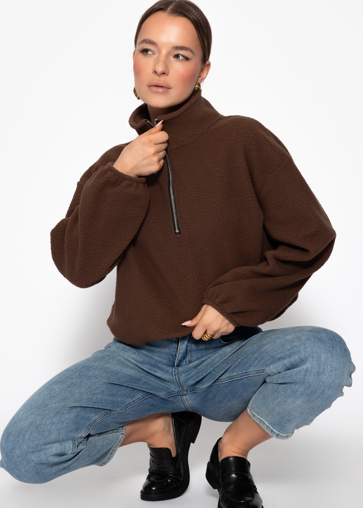Oversize Fleece Sweatshirt mit Reißverschluss - braun