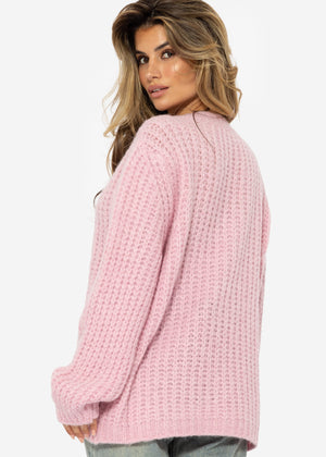 Oversize chunky knit V-neck sweater - pink