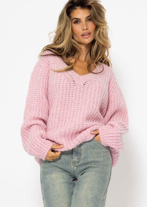 Oversize chunky knit V-neck sweater - pink