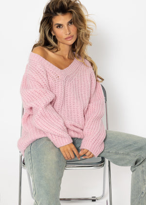 Oversize chunky knit V-neck sweater - pink
