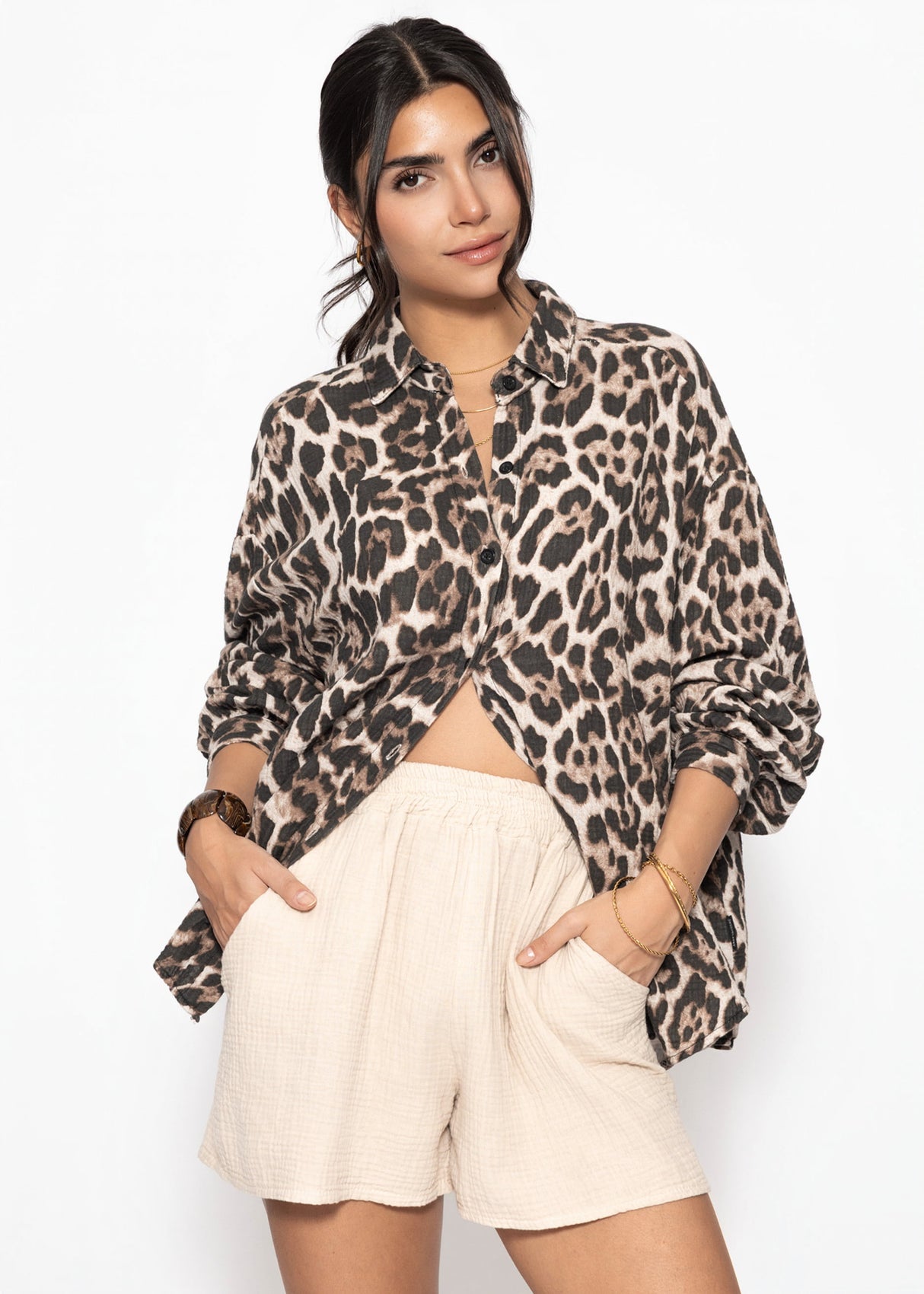 Oversize muslin blouse with leopard print - light beige