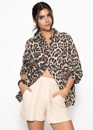 Oversize muslin blouse with leopard print - light beige