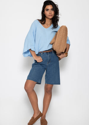 Oversized muslin shirt with drawstring - light blue