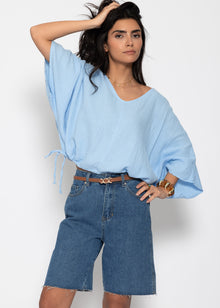 Oversized muslin shirt with drawstring - light blue