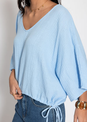 Oversized muslin shirt with drawstring - light blue