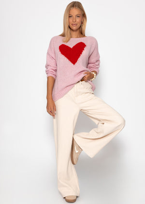 Oversize Pullover mit rotem Herz - rosa