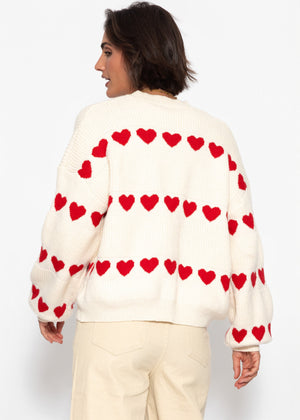 Oversize Pullover mit roten Herzen - offwhite