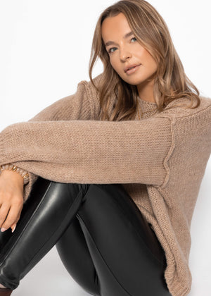 Oversized sweater with round neckline - taupe