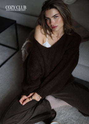 Oversize Pullover mit V-Ausschnitt - braun
