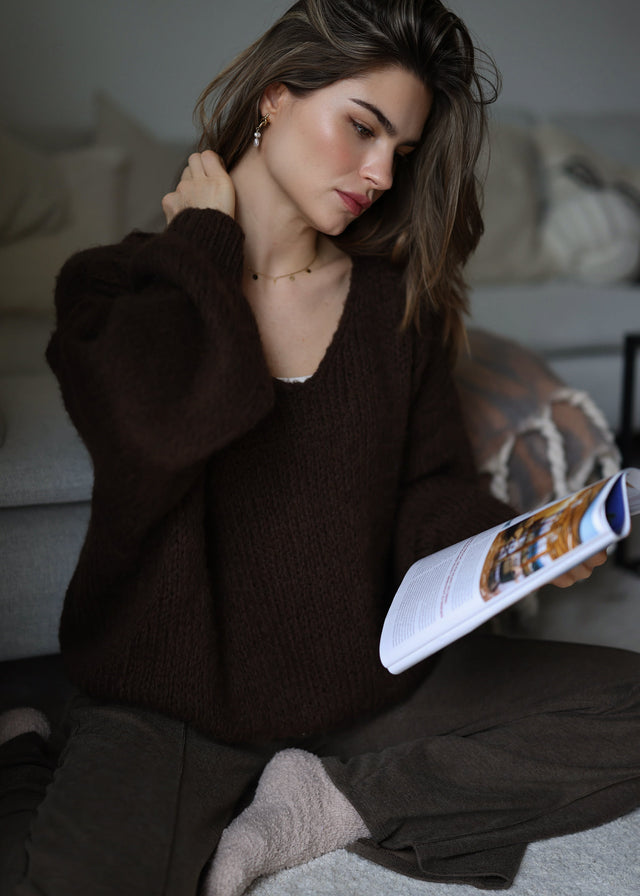 Oversize Pullover mit V-Ausschnitt - braun