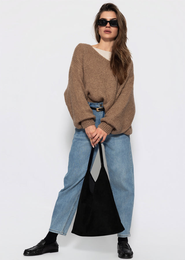 Oversize Pullover mit V-Ausschnitt - hellbraun