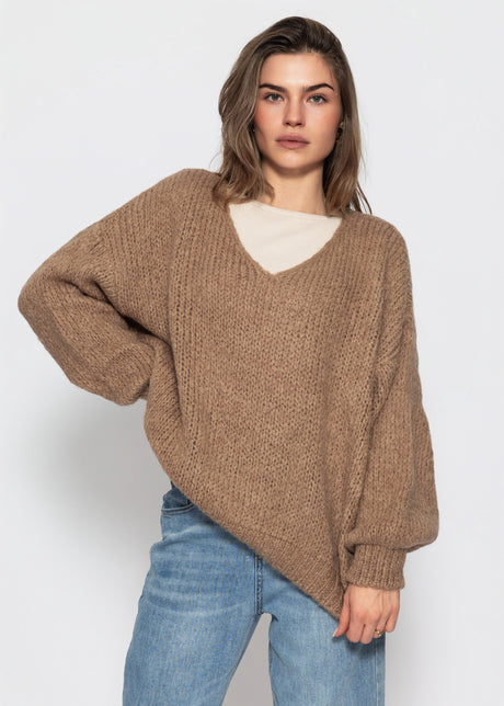 Oversize Pullover mit V-Ausschnitt - hellbraun