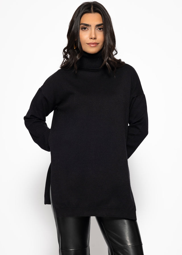 Oversize Rollkragenpullover mit langen Seitenschlitzen - schwarz