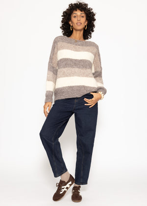 Oversized round neck sweater with stripes - beige
