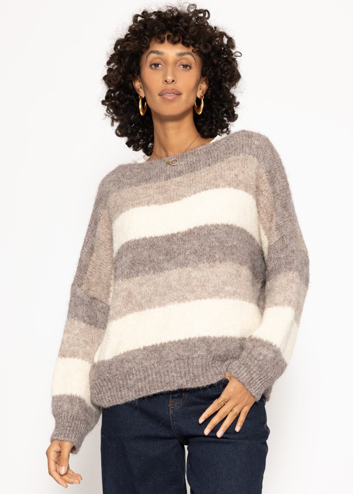 Oversized round neck sweater with stripes - beige