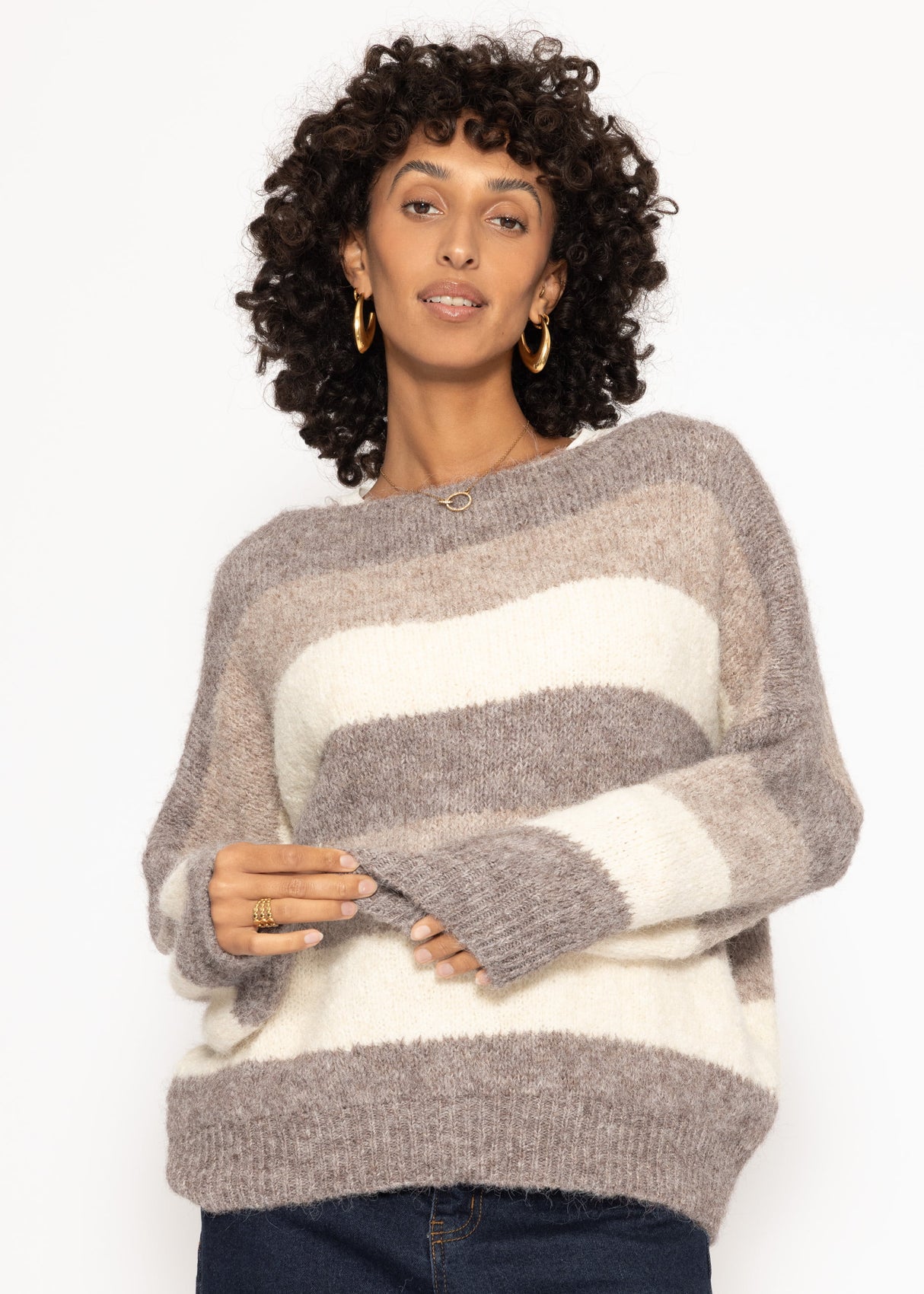 Oversized round neck sweater with stripes - beige